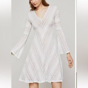 BCBG Maxazria beautiful white knit dress, nude underlay, long flare sleeve, XS